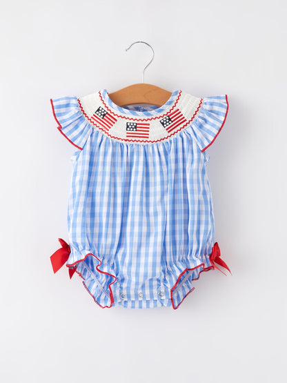 4th of july Flag Embroidery Smocking Girls Romper