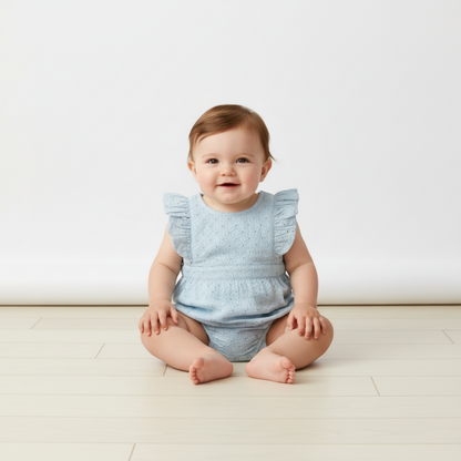 Organic Eyelet Flutter Romper - Light Blue Eyelet