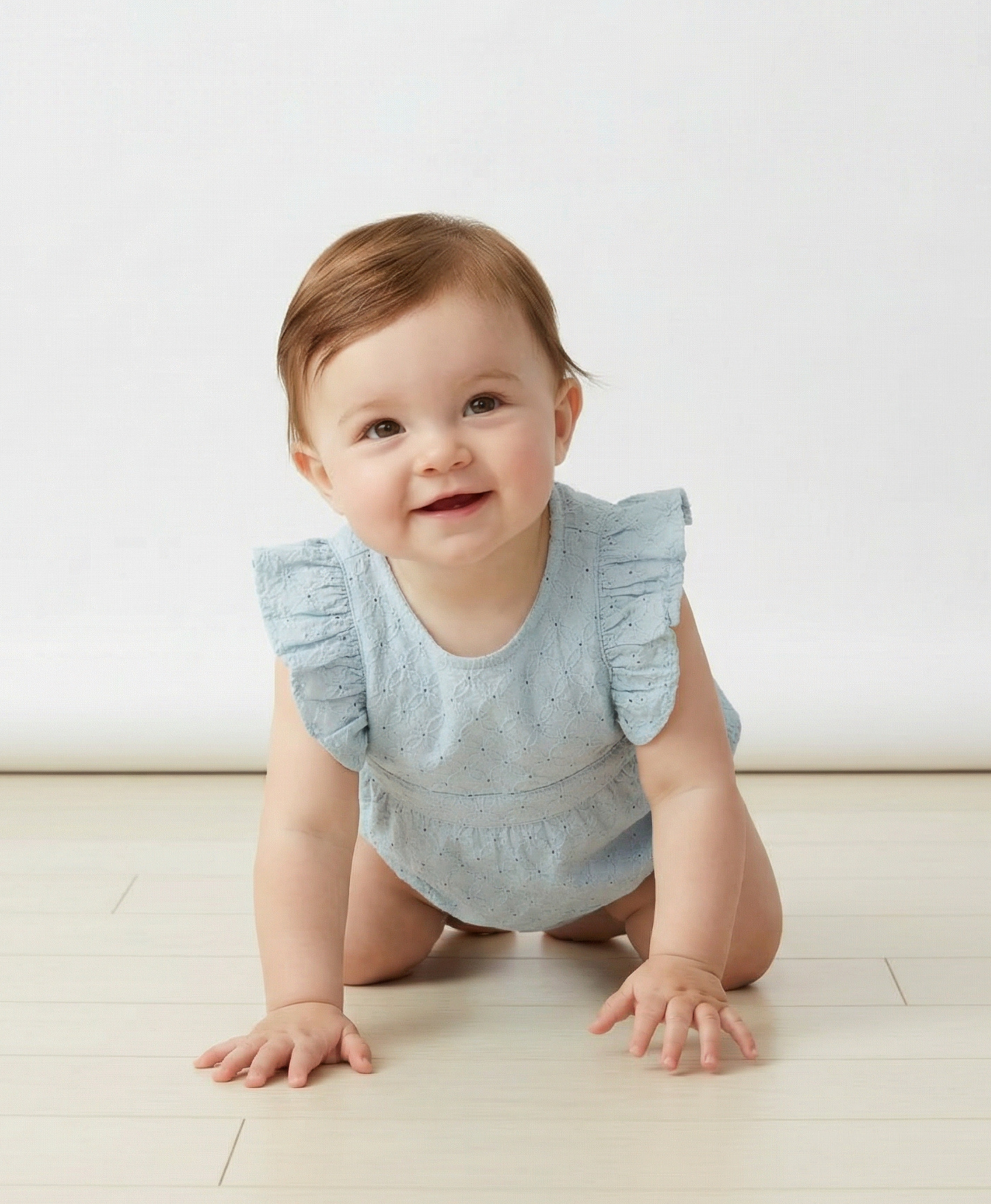 Organic Eyelet Flutter Romper - Light Blue Eyelet