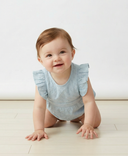 Organic Eyelet Flutter Romper - Light Blue Eyelet