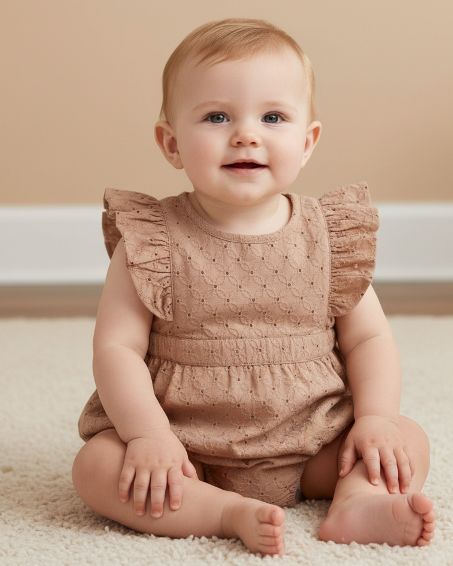 Organic Eyelet Flutter Romper - Clay Eyelet
