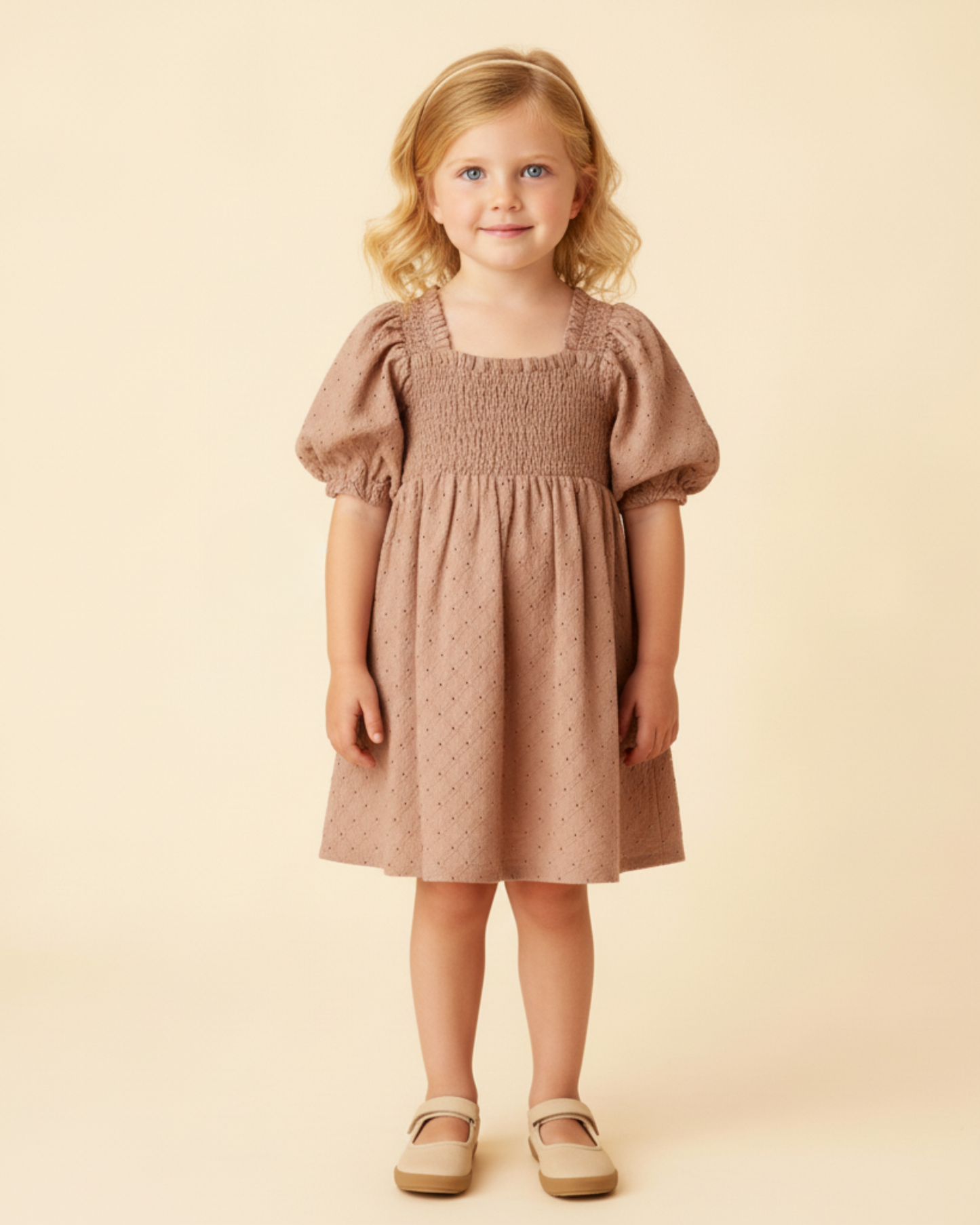 Organic Eyelet Bubble Sleeve Dress - Clay Eyelet