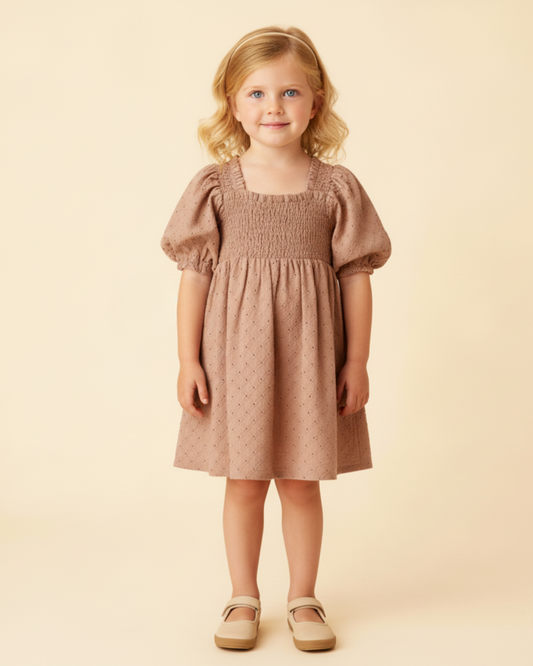 Organic Eyelet Bubble Sleeve Dress - Clay Eyelet