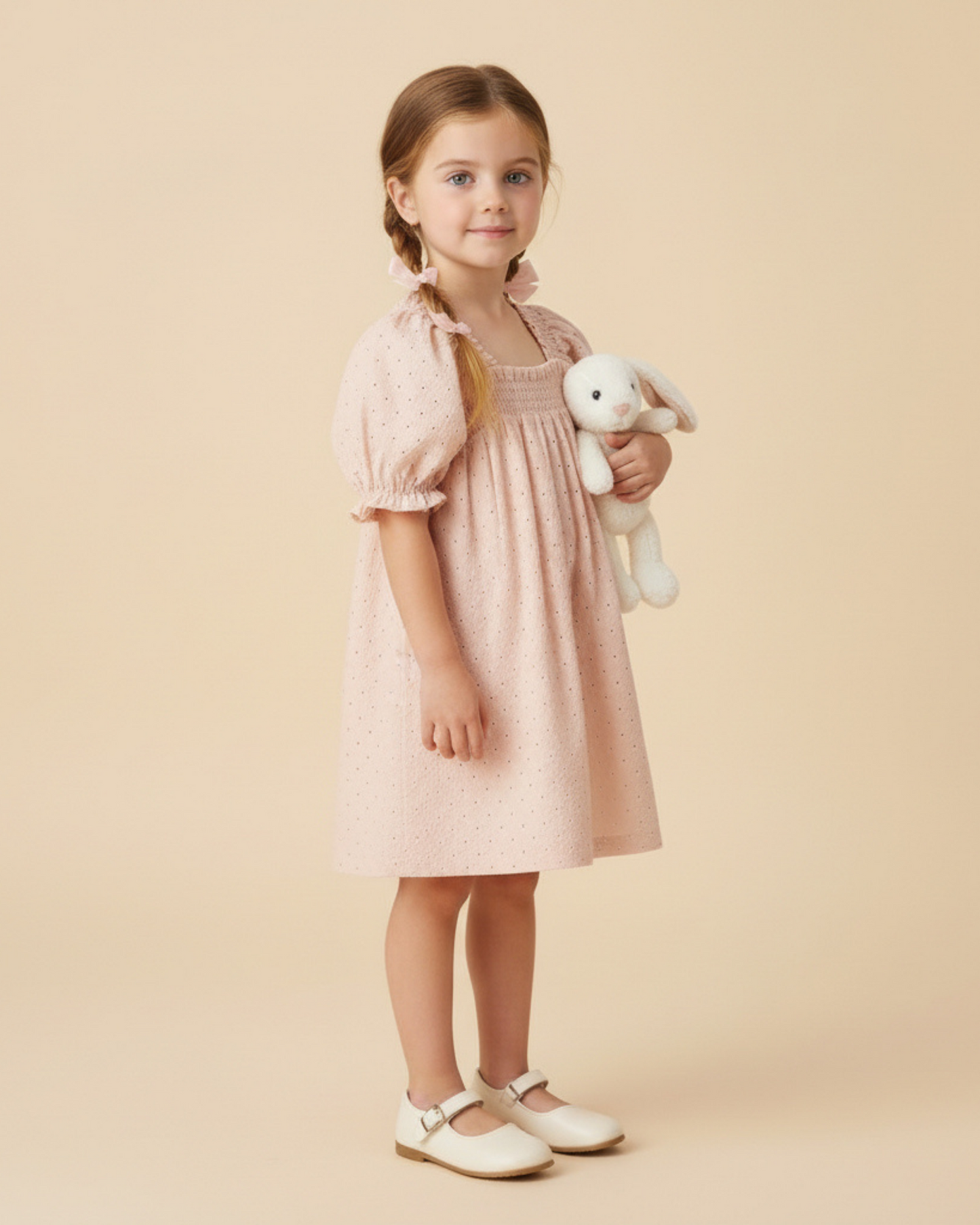 Organic Eyelet Bubble Sleeve Dress - Blush Eyelet