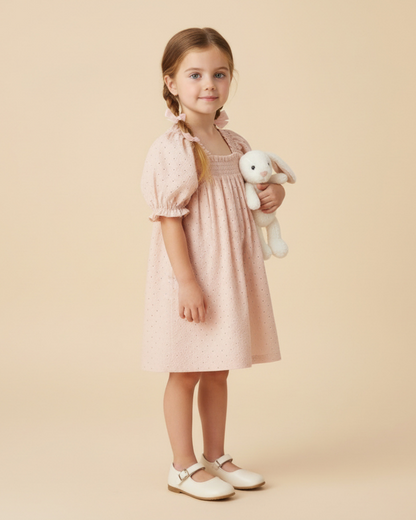 Organic Eyelet Bubble Sleeve Dress - Blush Eyelet