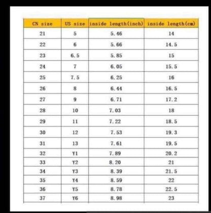 Size chart for clothing with CN, US, and metric measurements.