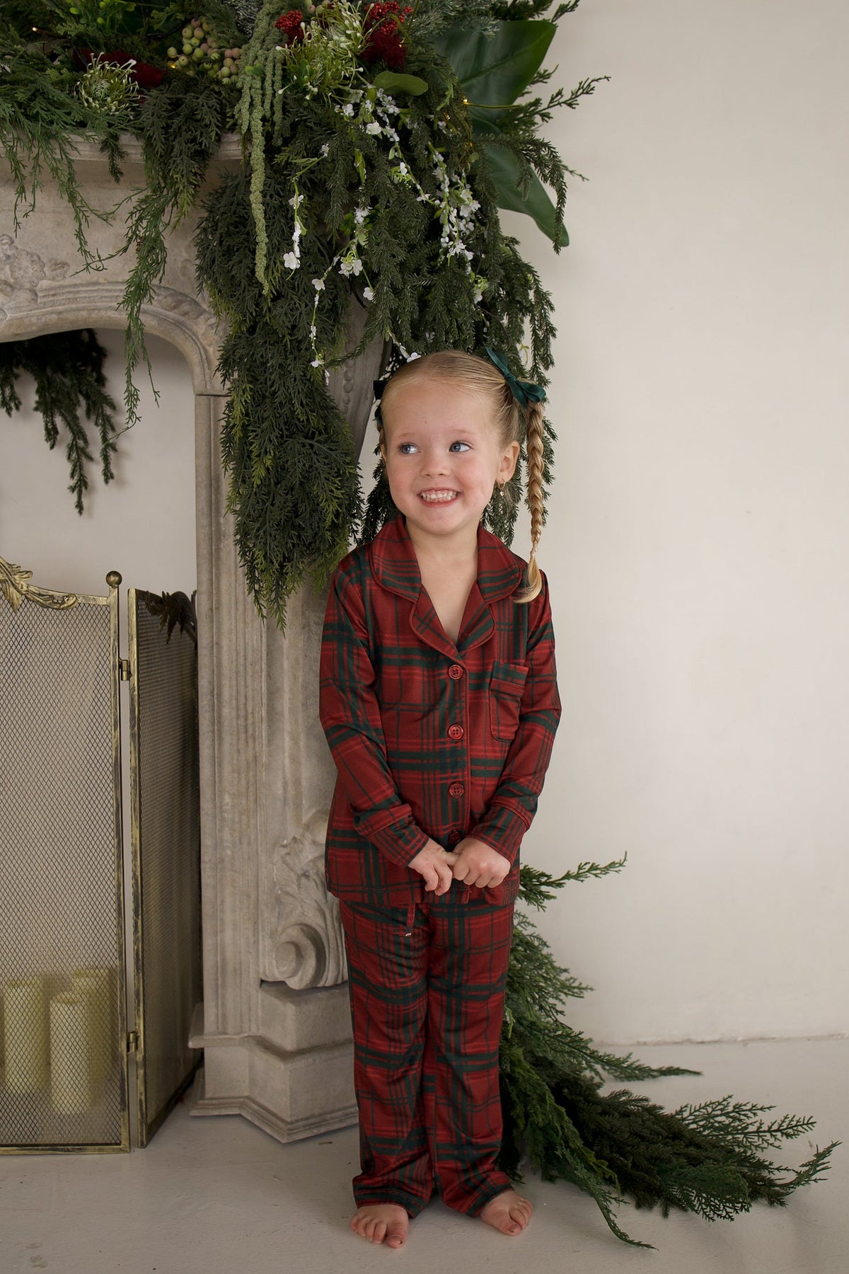 Girl's Bamboo Button Up Lounge Set | Christmas Plaid
