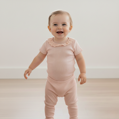 Organic Lace Collar Onesie & Tights Set - Blush