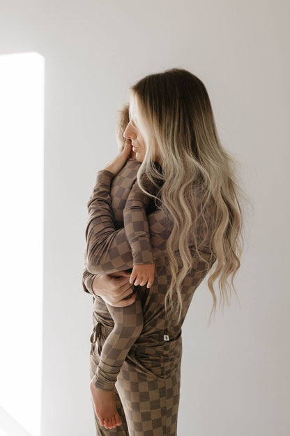 Women's Long Sleeve Bamboo Pajama | Faded Brown Checkerboard