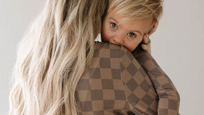 Women's Long Sleeve Bamboo Pajama | Faded Brown Checkerboard