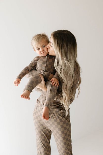 Women's Long Sleeve Bamboo Pajama | Faded Brown Checkerboard