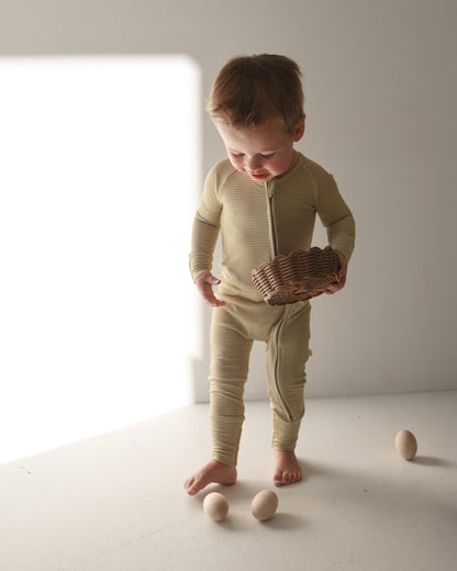 Bamboo Zip Pajamas | Willow Stripe Ribbed