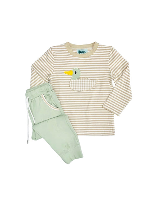 Hazel Blue Tan Stripe/Gingham Mallard Applique with Sage Joggers