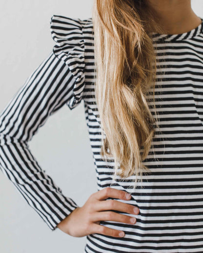 Black & White Stripe L/S Ruffle Tee
