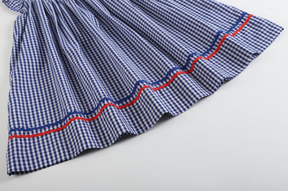 4th of July Royal Blue Gingham American Flag Smocked Bishop Dress