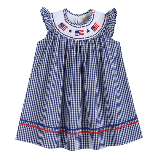 4th of July Royal Blue Gingham American Flag Smocked Bishop Dress