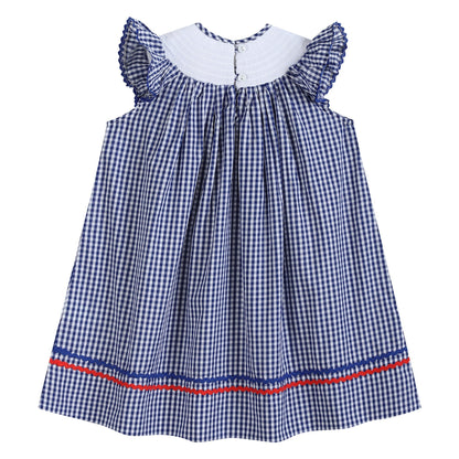 4th of July Royal Blue Gingham American Flag Smocked Bishop Dress