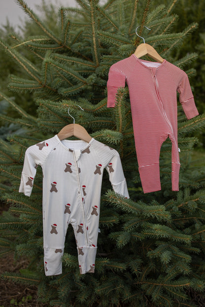 Bamboo Zip Pajamas | Peppermint Stripe Ribbed
