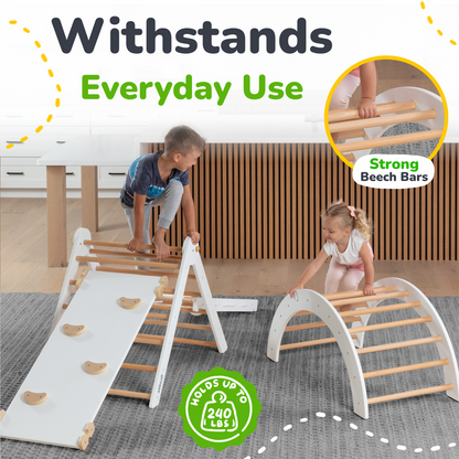 Children playing with a wooden climbing structure indoors, featuring the brand 'Withstands'.