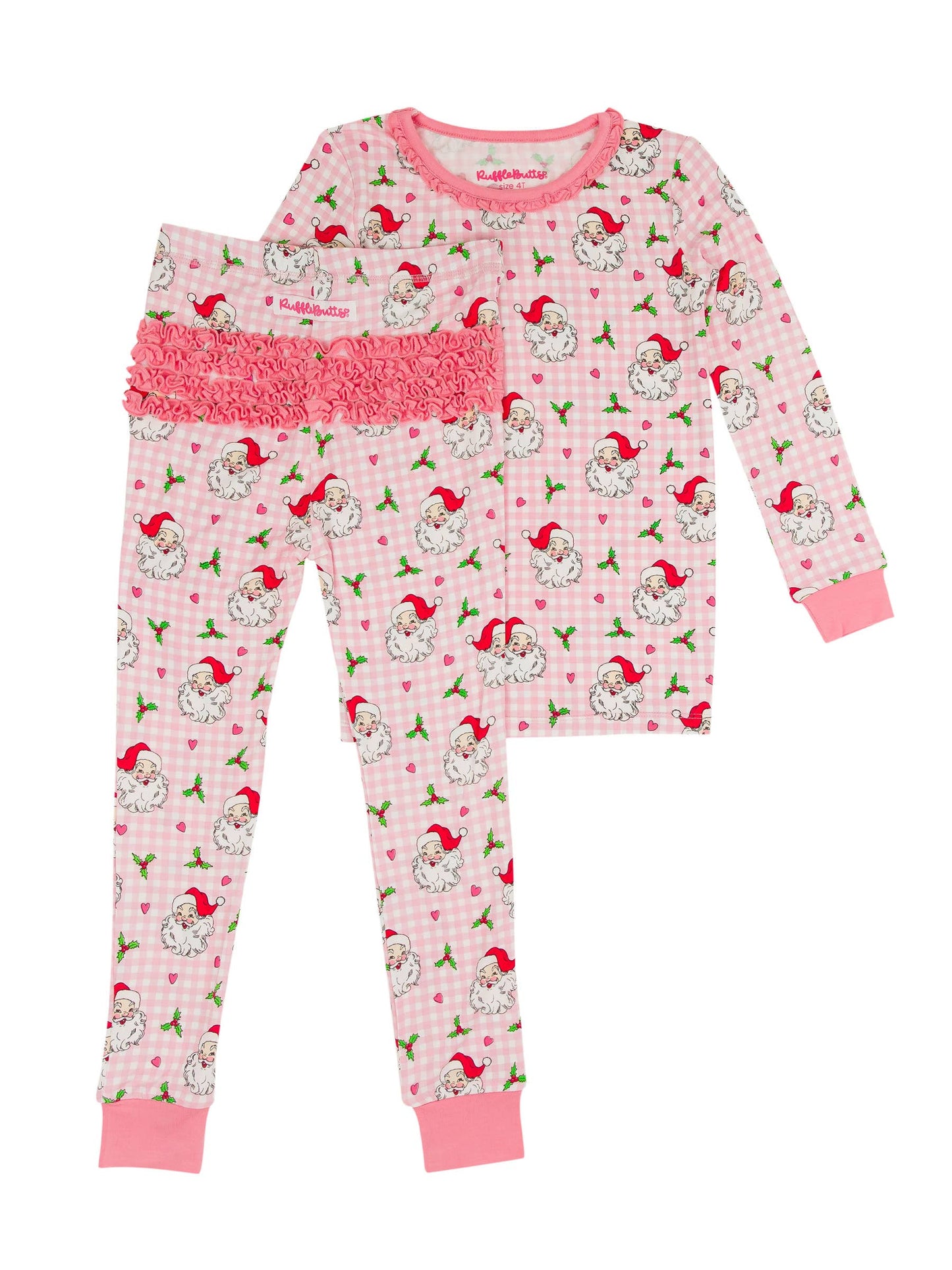 SoftSnooze™ Toddler Girls Bamboo Viscose Pink Dear Santa Ruffle Long Sleeve Pajama Set with Signature Rear Ruffles