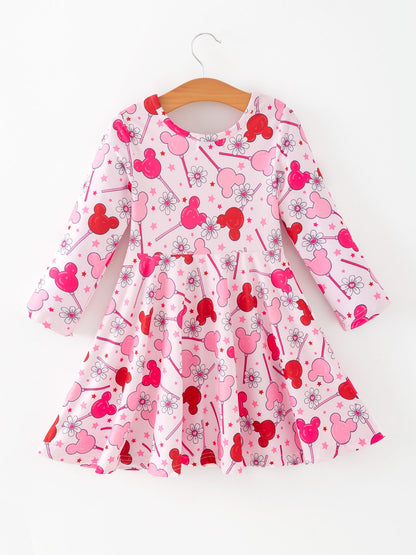 Valentine Dress for Girls – Pink Dress with Daisy & Lollipop Print