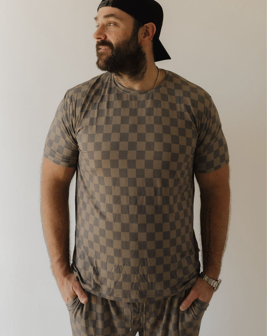 Men's Bamboo Short Sleeve Pajama | Faded Brown Checkerboard