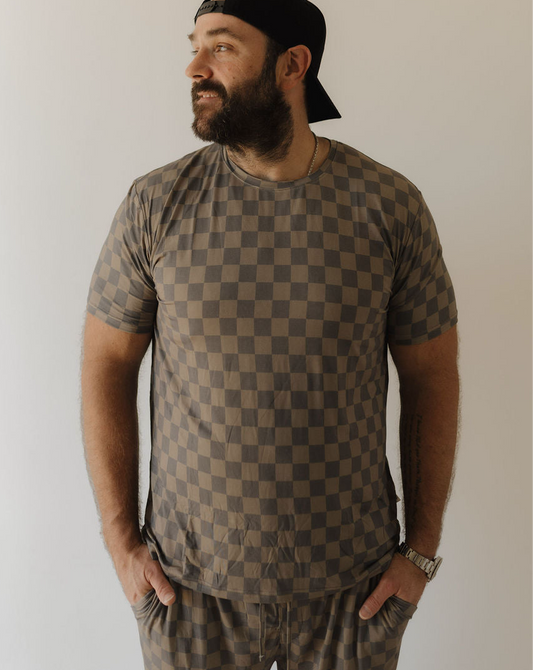 Men's Bamboo Short Sleeve Pajama | Faded Brown Checkerboard