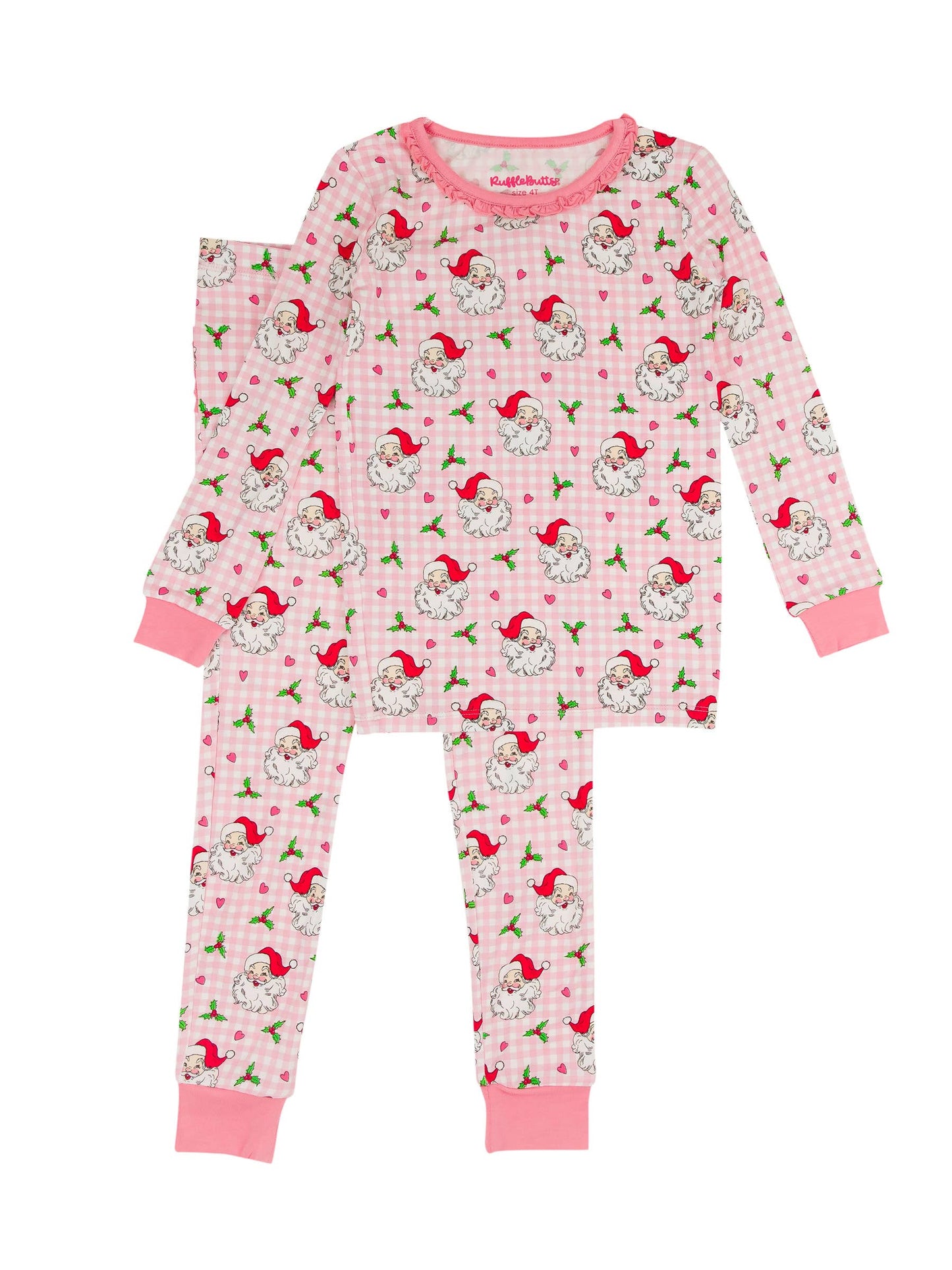 SoftSnooze™ Toddler Girls Bamboo Viscose Pink Dear Santa Ruffle Long Sleeve Pajama Set with Signature Rear Ruffles