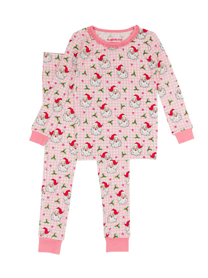 SoftSnooze™ Toddler Girls Bamboo Viscose Pink Dear Santa Ruffle Long Sleeve Pajama Set with Signature Rear Ruffles