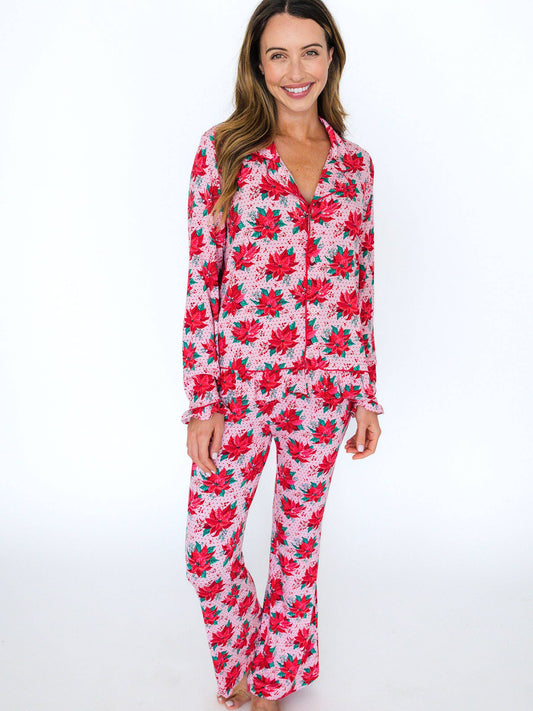 SoftSnooze™ Women's Bamboo Viscose Poinsettia Wonderland Long Sleeve Button Up Ruffle Flare Pajama Set