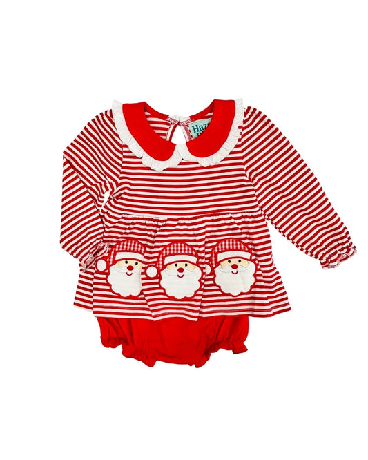 Hazel Blue Red Stripe Santa Applique Bloomer Set with Ruffle Collar