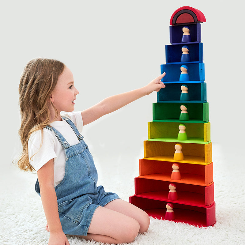 12-Piece Large Wooden Rainbow Stacking Blocks – Primary Colors | Pine or Linden Wood Options