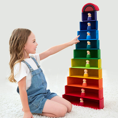 12-Piece Large Wooden Rainbow Stacking Blocks – Primary Colors | Pine or Linden Wood Options