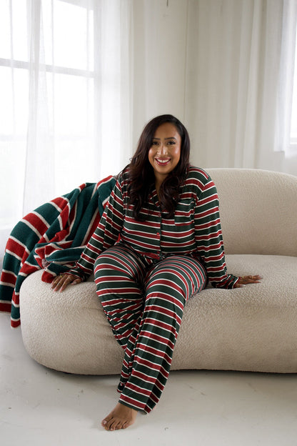 Women's Bamboo Button Up Lounge Set | Holiday Stripe