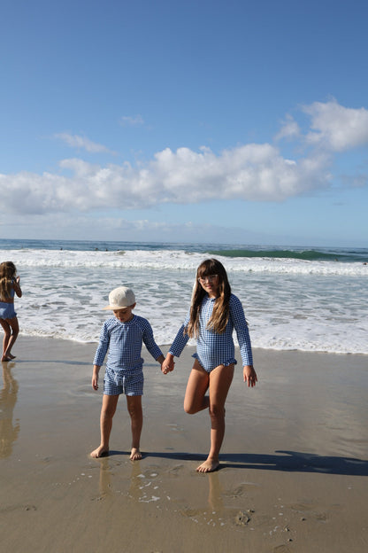 Girls Long Sleeve Swimsuit | Blue Gingham