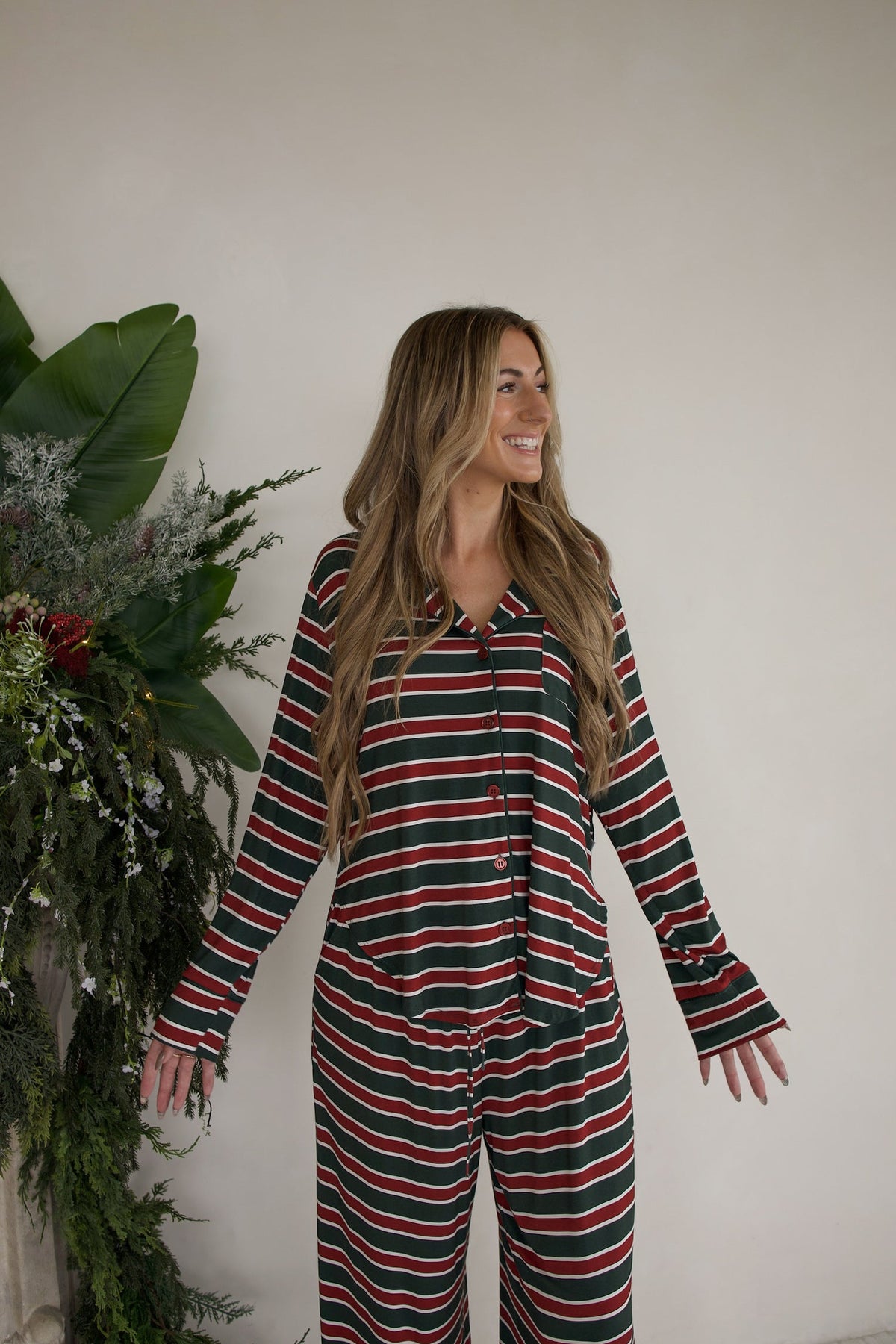 Women's Bamboo Button Up Lounge Set | Holiday Stripe
