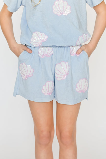 Light Blue Terry Cloth Seashell Shorts