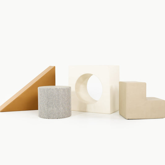 Set of geometric wooden blocks on a white background