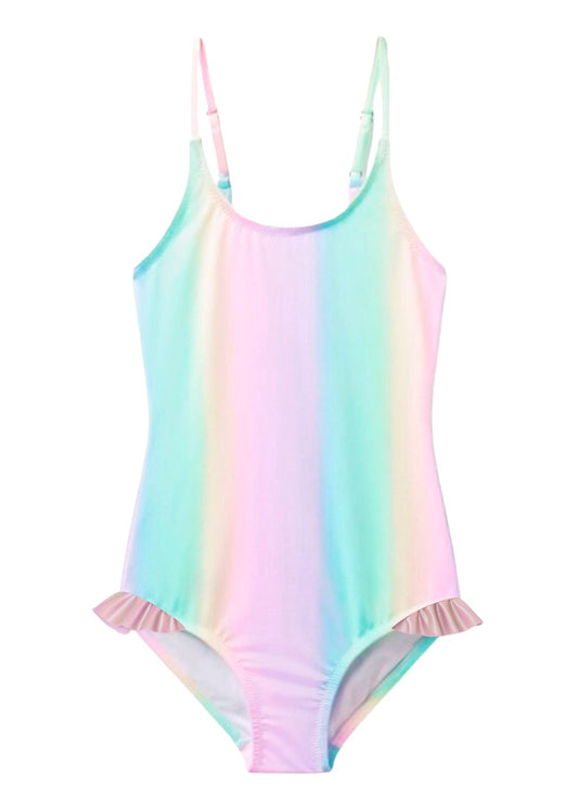 Rainbow Swimsuit with Pink Metallic Ruffles