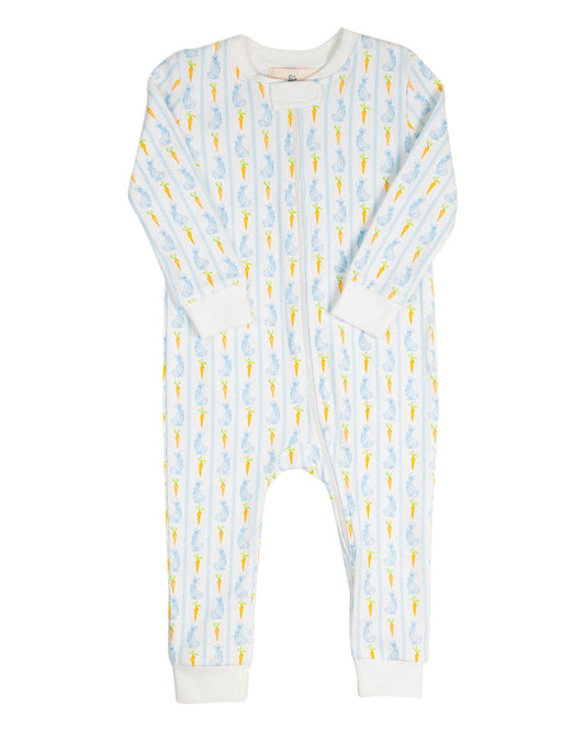Baby onesie with bunny & carrot pattern on a white background