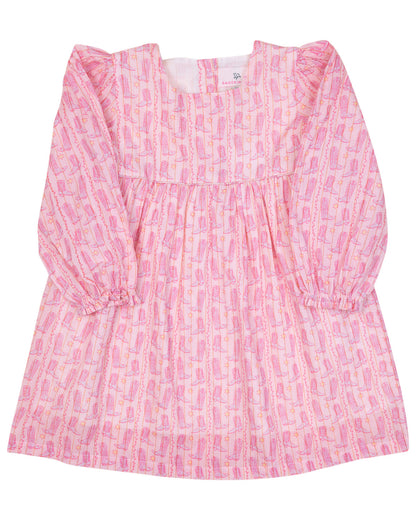 Pink patterned dress with long sleeves on a white background