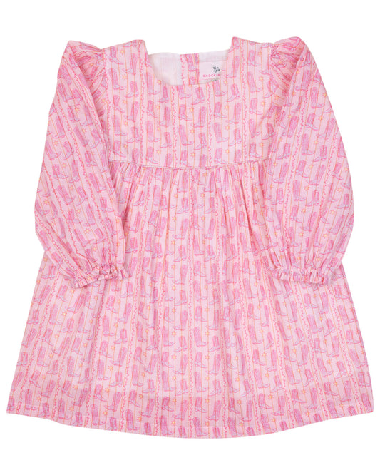 Pink patterned dress with long sleeves on a white background