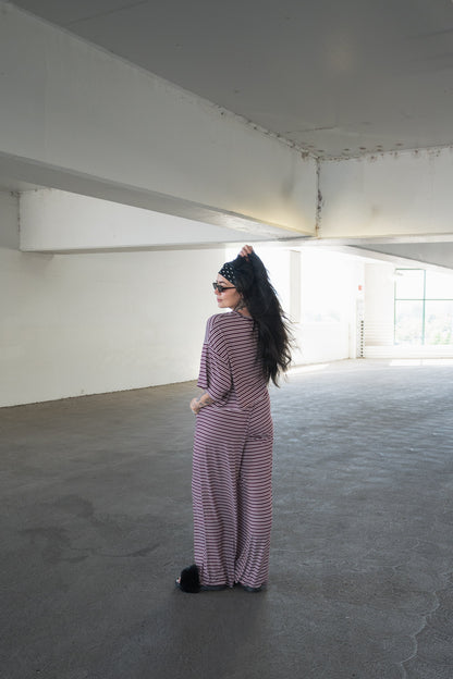 Women's Bamboo Crop Tee Lounge Set | Maroon Stripe