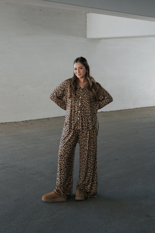 Women's Bamboo Button Up Lounge Set | Leopard