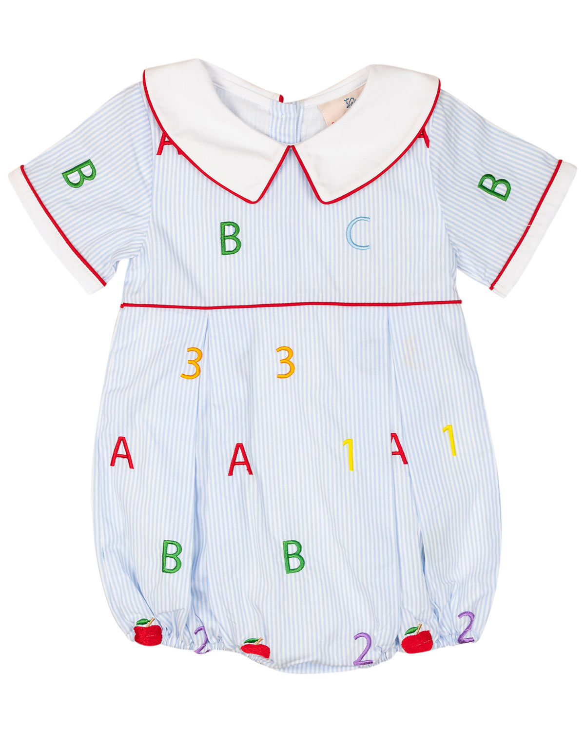 Baby romper with colorful letters and numbers on a white background