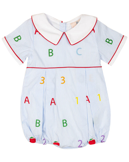 Baby romper with colorful letters and numbers on a white background