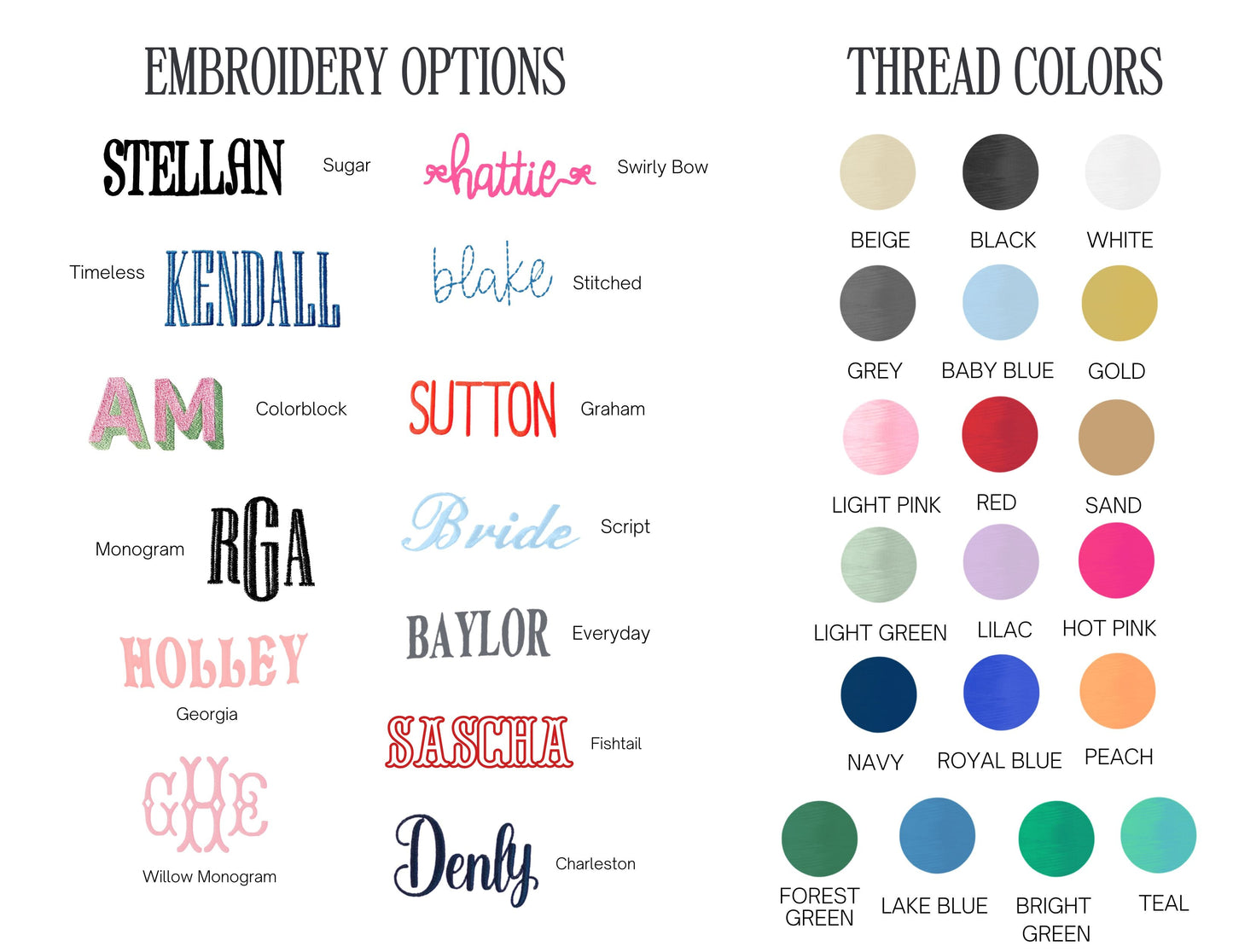 Embroidery options and thread color chart on a white background