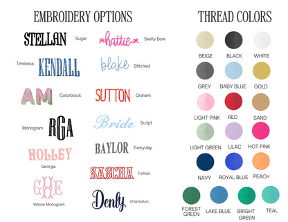 Embroidery options and thread color chart on a white background
