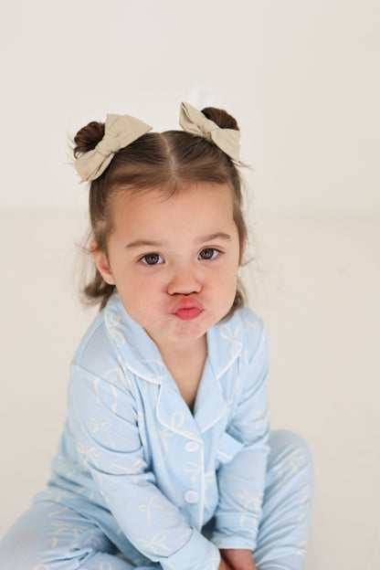 Girl’s Bamboo Button Up Lounge Set | Blue Bows