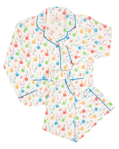 Colorful guitar-patterned pajama set on a white background